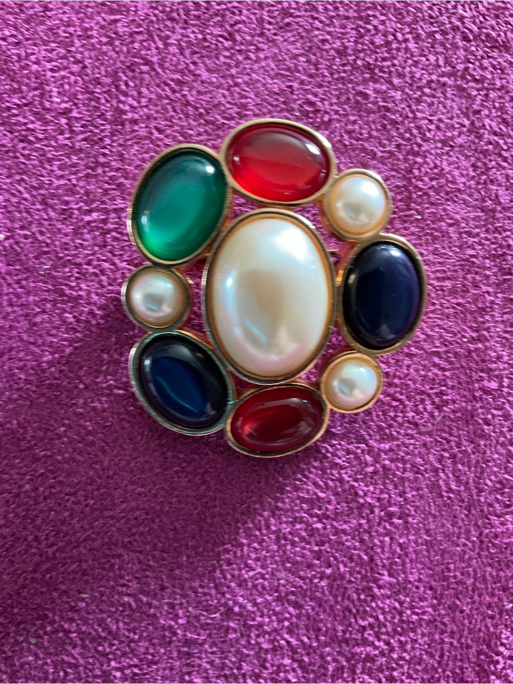 Avon Multicolor Faux Pearls and Colorful Cabochons on Gold-Tone Setting 1 1/2”